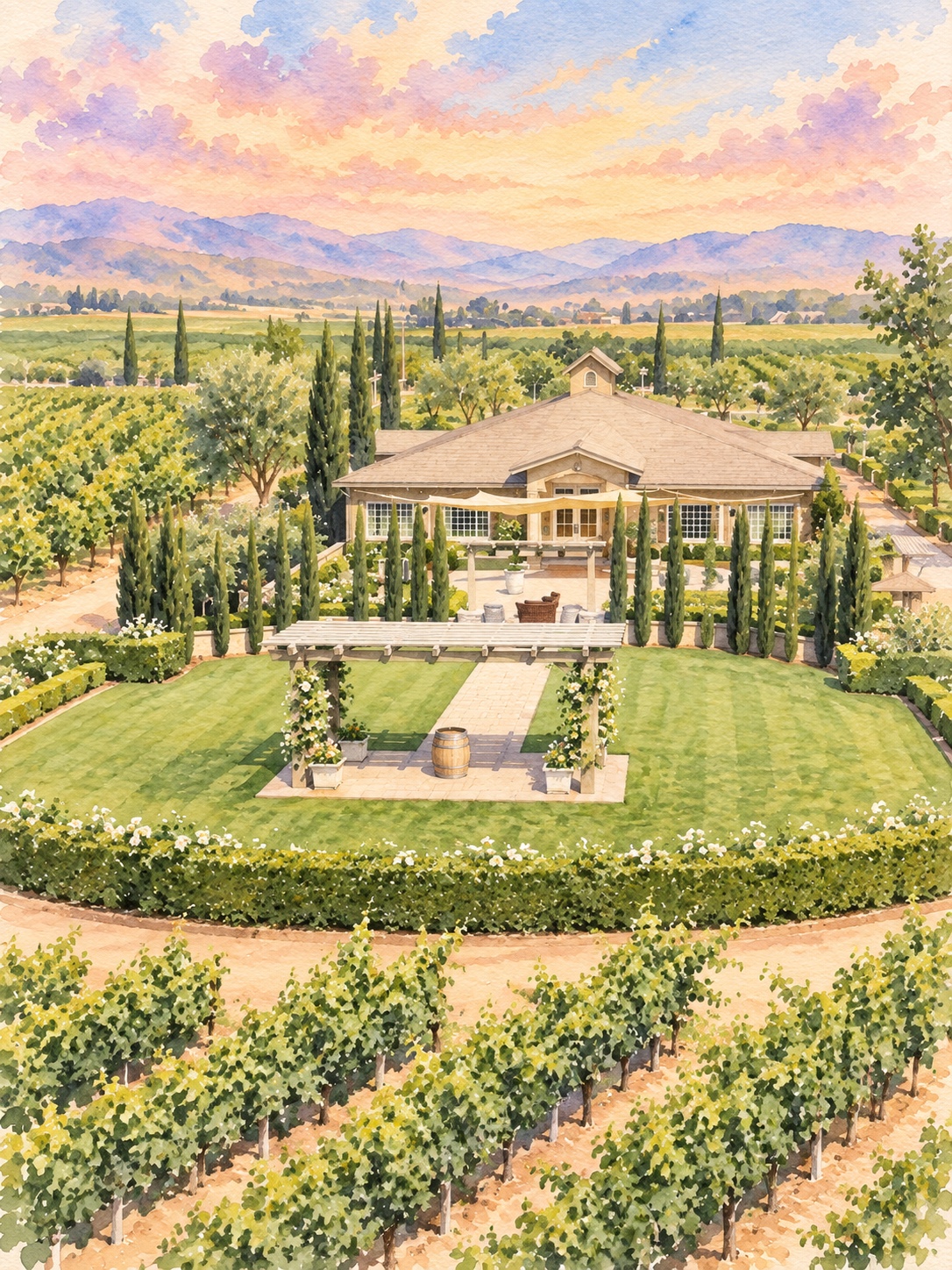 Watercolor view of the Ponte garden and vineyard