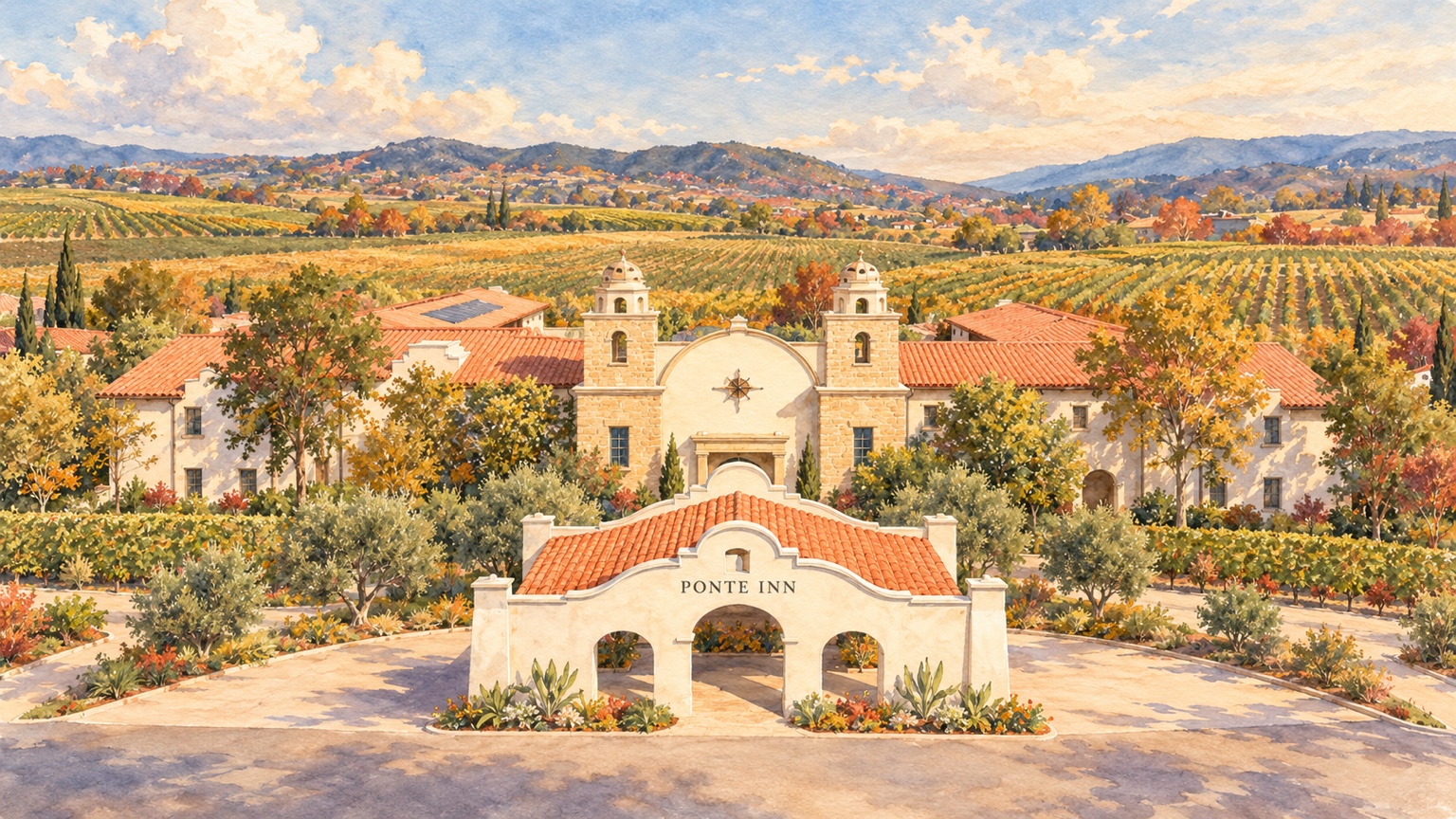 Watercolor view of Ponte Inn and the vineyards in autumn